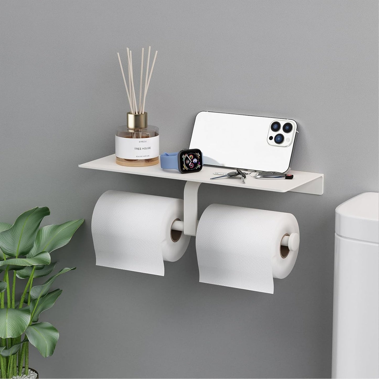 Matte Black Toilet Paper Holder with Shelf, Wall-Mounted Bathroom Organizer, Double Roll