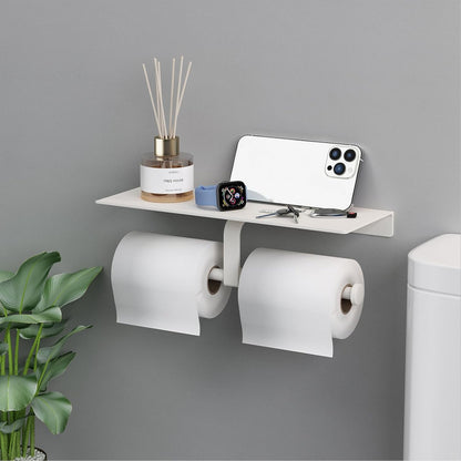 Matte Black Toilet Paper Holder with Shelf, Wall-Mounted Bathroom Organizer, Double Roll