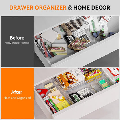6 Pack Large Clear Plastic Drawer Organizer Trays, Acrylic Kitchen Drawer Organization and Storage Dividers, Non-Slip Storage Bins for Makeup, Kitchen Utensils, Bathroom, Jewelries and Office Desk