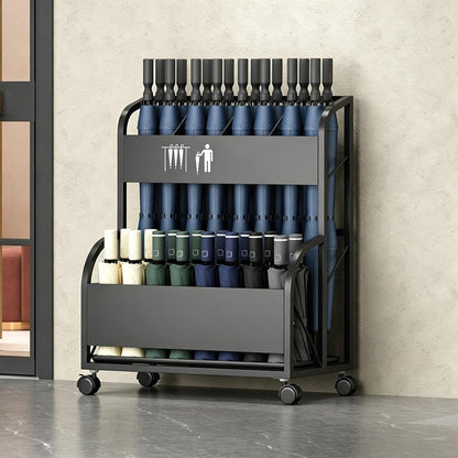 Umbrella Stand with Dual-Tier Partition, Umbrella Holder for Entryway with Drip Tray & Wheels, Thickened Iron Storage Rack for Long/Folding Cane(Black,Small)