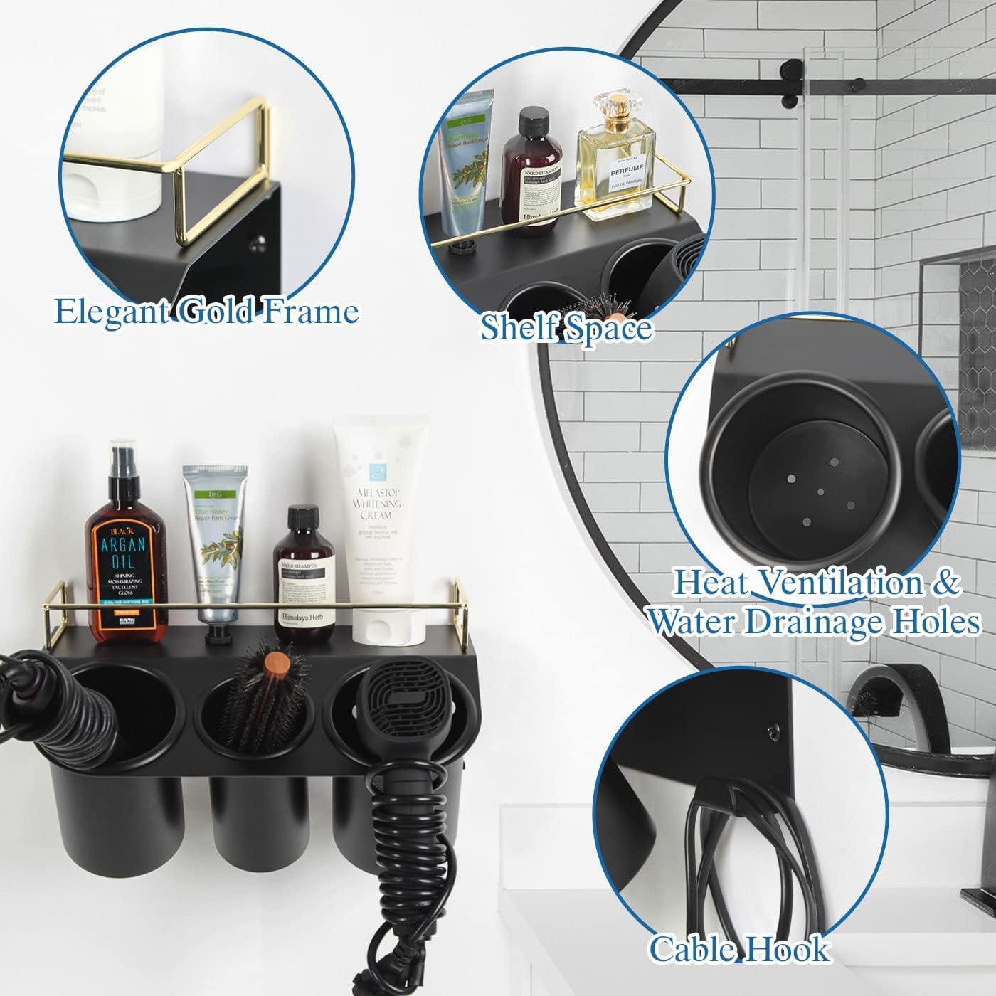 J JACKCUBE DESIGN Hair Dryer Holder Wall Mount Bathroom Vanity Hair Styling Care Tool Accessories 3 Cups Storage Organizer Caddy with Shelf Steel Black Gold- MK1002A (Black)
