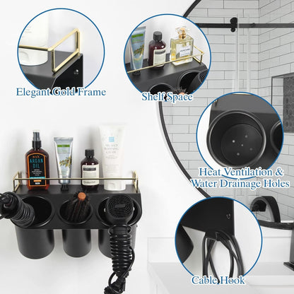 J JACKCUBE DESIGN Hair Dryer Holder Wall Mount Bathroom Vanity Hair Styling Care Tool Accessories 3 Cups Storage Organizer Caddy with Shelf Steel Black Gold- MK1002A (Black)