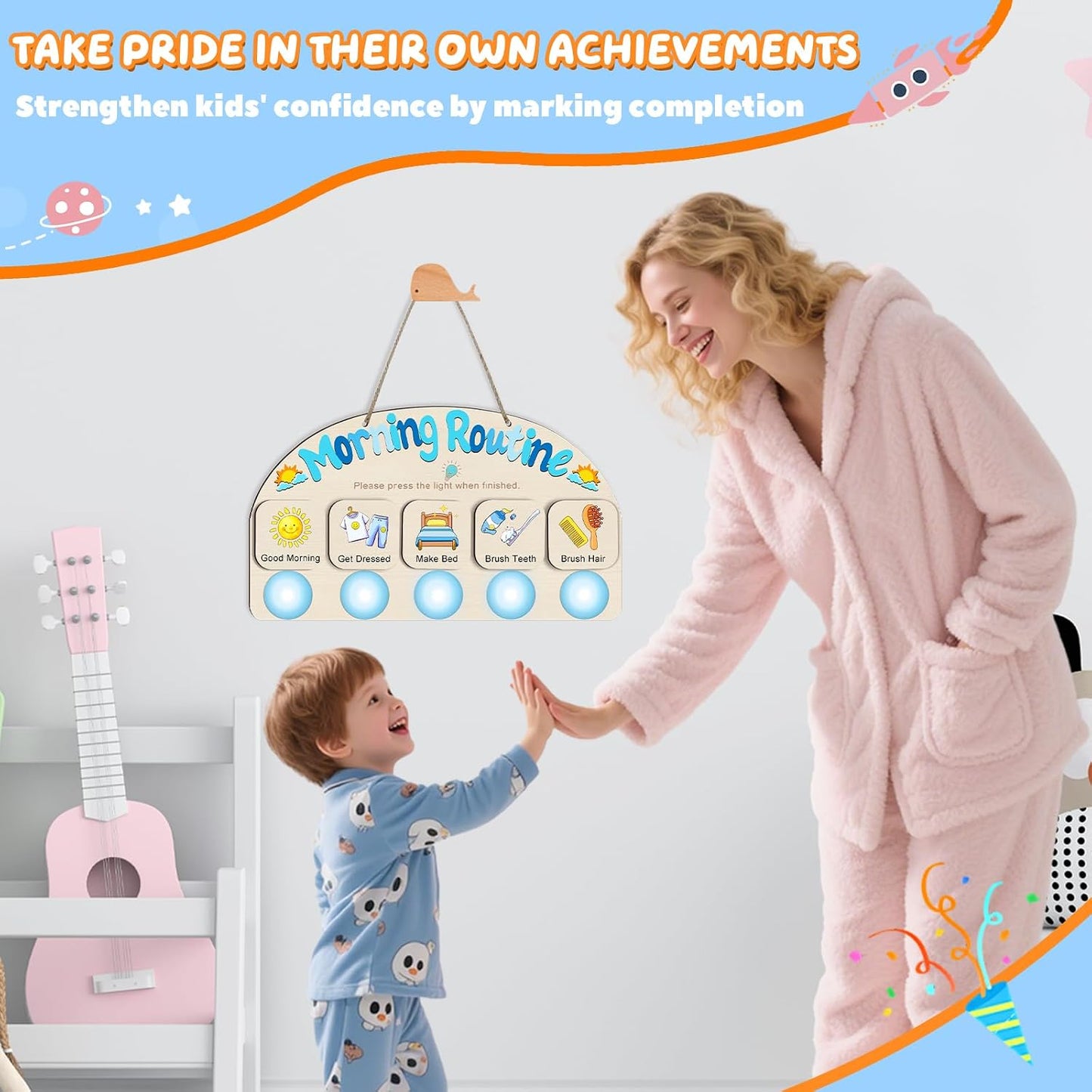 Upgraded Morning Routine Chart for Toddlers, Visual Schedule Chart | to Do List with 5 Tap Lights & 9 Activity Cards, Wooden Schedule Board for Kids, Preschoolers, Autism, ADHD Tools