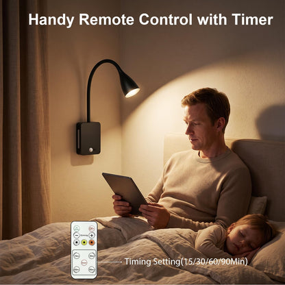 LED Wall Mounted Reading Light,4000mAh Bedside Wall Lamp with Remote Control & Motion Sensor,Book Light for Reading in Bed,3 Color Temps,Dimmable & Timers,360° Flexible Gooseneck Night Light,Black