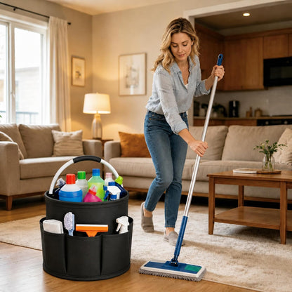 UFORU Cleaning Caddy with Handle, 17L Foldable Organizer with 6 Pockets | 600D Oxford Fabric, Durable, Waterproof, Large Capacity, Space-Saving Foldable, Multi Cleaning Bucket Bag for Home, Garden