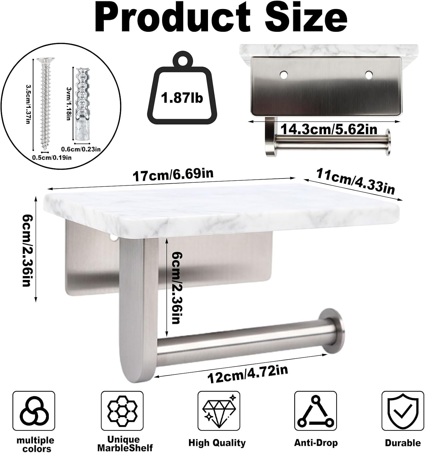 Toilet Paper Holder with Natural Marble Shelf for Bathroom Washroom,Wall Mounted Tissue Holder Suitable for Mega Roll (Brushed Nickel,Small 6.7 * 4.3 in)