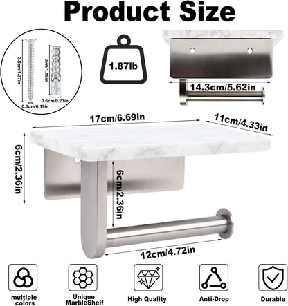 Toilet Paper Holder with Natural Marble Shelf for Bathroom Washroom,Wall Mounted Tissue Holder Suitable for Mega Roll (Brushed Nickel,Small 6.7 * 4.3 in)
