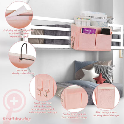 Bedside Caddy Storage with Water Bottle Holder for Bunk Bed Pink | Hanging Bedside Organizer for Hospital Bed Dorm Rooms