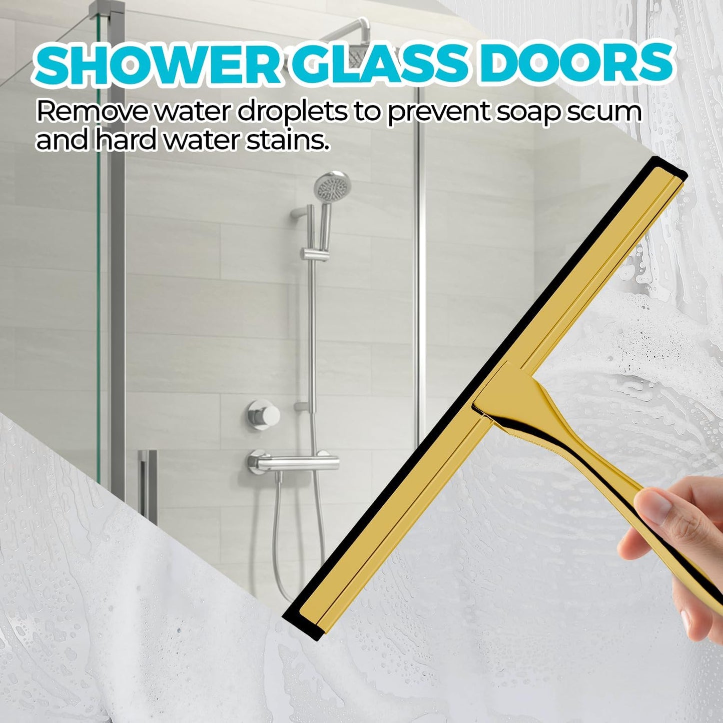 12" Shower Squeegee for Glass Doors, Tile Walls, Car Windows, Silver | Bathroom Accessories, New Home Essentials, Silicone Blade, Metal Handle, Adhesive Hook, Household Tool, Multipurpose Cleaner
