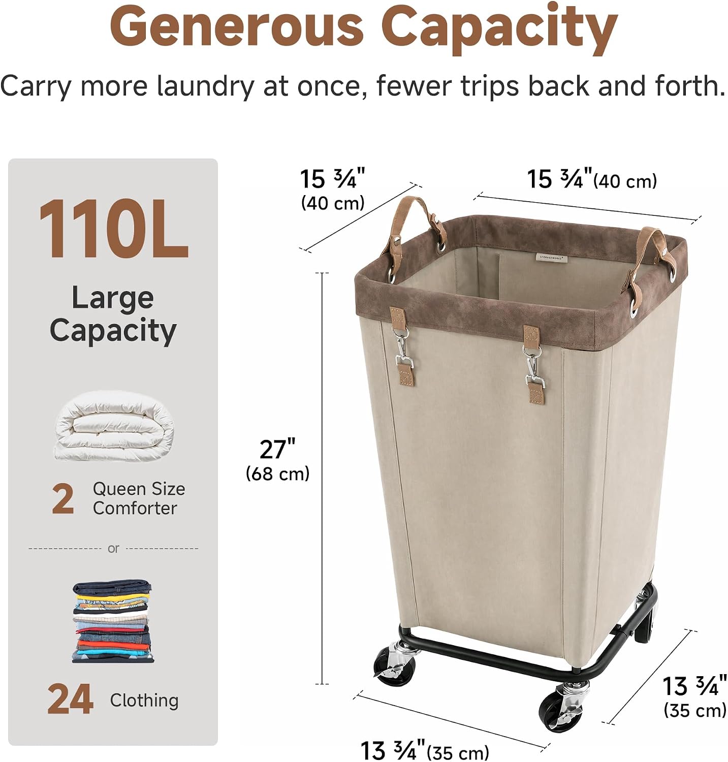 StorageWorks 160L Laundry Basket with Wheels, Rolling Hampers for Clothing | Beige Laundry Basket with Wheels, Metal Frame & Handles, Rolling Hamper for Bedroom, Bathroom, Dorm, Hotel