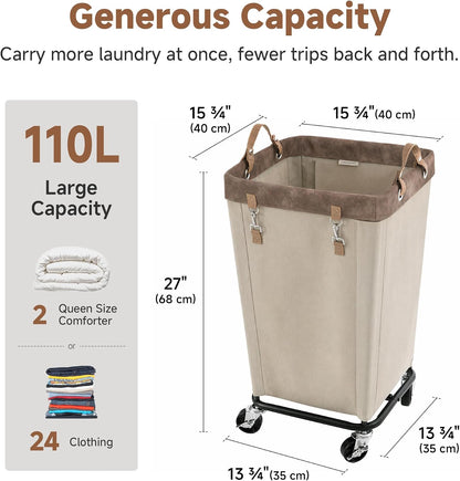 StorageWorks 160L Laundry Basket with Wheels, Rolling Hampers for Clothing | Beige Laundry Basket with Wheels, Metal Frame & Handles, Rolling Hamper for Bedroom, Bathroom, Dorm, Hotel