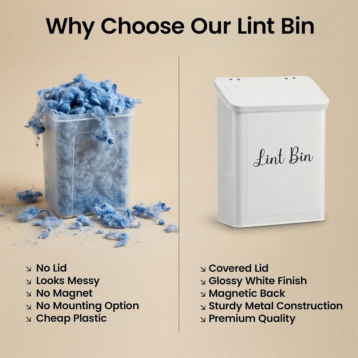 TIRIA Magnetic Lint Bin Wall Mount Metal Dryer Lint Collector Trash Cans 5L | For Laundry Room With Lid, Strong Nylon Brush, Iron Black Magnetic Hook, Adhesive Hooks, Compact Space Saving Metal Design 5L
