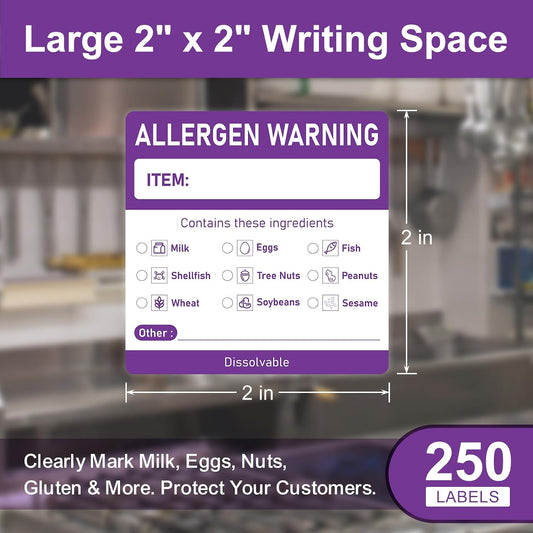 LLIKED 250 Pcs Purple Allergen Alert Dissolvable Labels 2"x2"