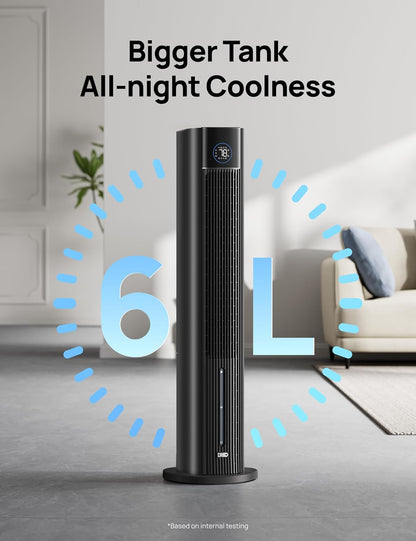 DREO Tower Fan for Bedroom, 43" Cooling Fans That Blow Cold Air 2025 Upgraded, Evaporative Air Cooler, Quiet 85° Oscillating Floor Fan, Easy Cleaning, APP Control, 4 Modes & 4 Speeds, Ink Black