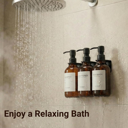 Shampoo and Conditioner Dispenser - Shower Soap Dispenser 3 Chamber No Drill - Bathroom Soap Dispenser Wall Mount Adhesive - Clear PET Bottles with Nature Bamboo Pumps Set Refillable 1500ml