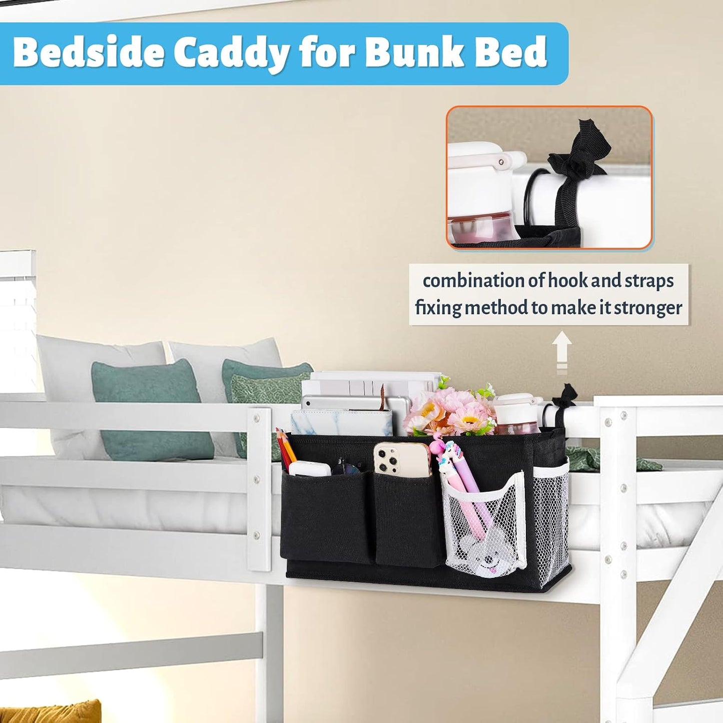 Bedside Caddy, Bedside Storage Bag Hanging Organizer for Bunk Dorm Bed Rail | Bed Caddy with Hooks, Top Bunks and Dorm Essentials for Water, Tissues, Tablets, Books, Phones, Remotes and Other Necessories