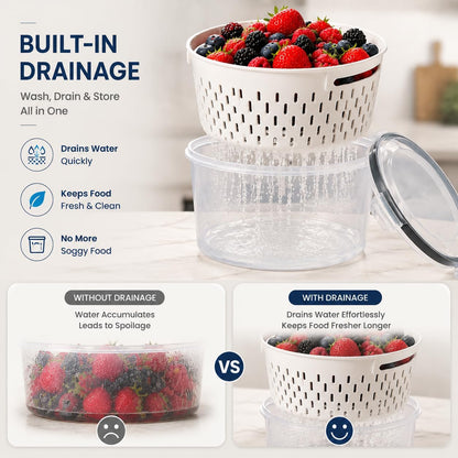 3 Piece Fruit & Berry Storage Boxes with Lid for Refrigerator, Round Berry Containers for Blueberries, Strawberries & Fruits, Food Storage Containers for Fresh Keeping