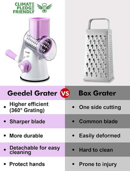 Geedel Rotary Cheese Grater, Kitchen Mandoline Vegetable Slicer with 3 Interchangeable Blades, Easy to Clean Rotary Grater Slicer for Fruit, Vegetables, Nuts | 3 Blades, 430 Stainless Steel, 12x Fast Cutting, Strong Suction Base, No BPA, Dishwasher Safe,
