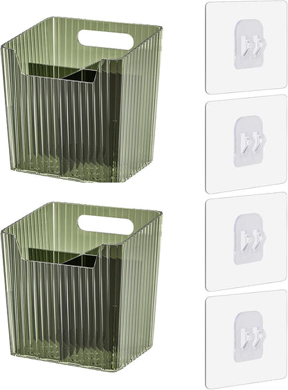 Lae Nuvole 2Pcs Storage Organizer Bins, Wall Shower Toothbrush Caddy, Clear | with Dividers & 4 Adhesive Pads, No Drill, Renter Friendly, BPA-Free PET, Fits Bathroom, Apartment, RVs, Cabinet/Pantry Door