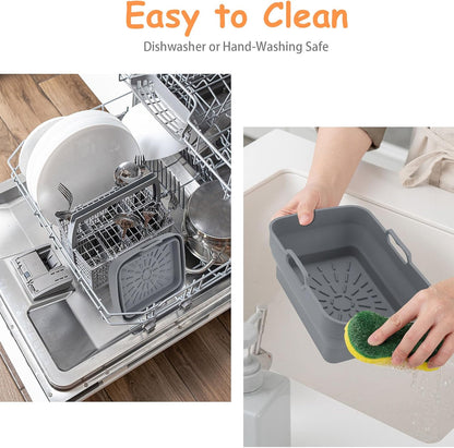 2Pcs Air Fryer Silicone Liners with Magnetic Cheat Sheet, 8-10 QT, Grey | 2 Pack, Reusable, Replacement Basket Bowl, Collapsible Baking Tray, Air Fryer Accessories