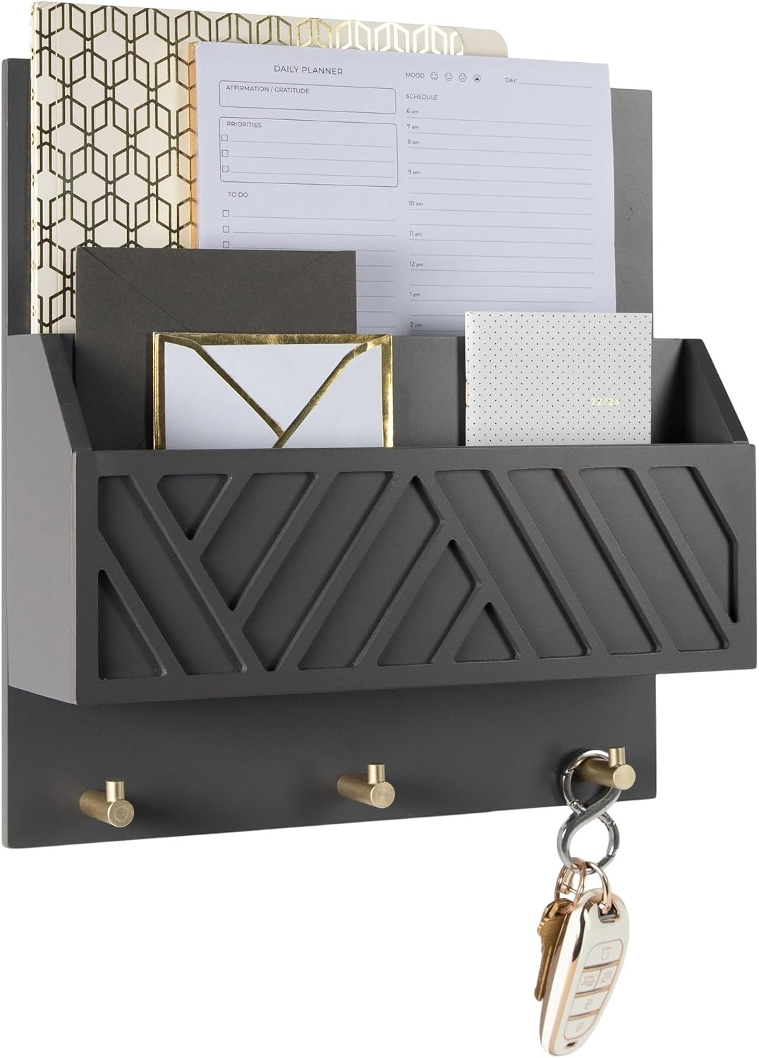 BLU MONACO Wall-Mounted Mail and Key Holder – Natural Wood 2-Tier Letter Organizer with 3 Hooks | Entryway Command Center for Mail, Keys, and Documents
