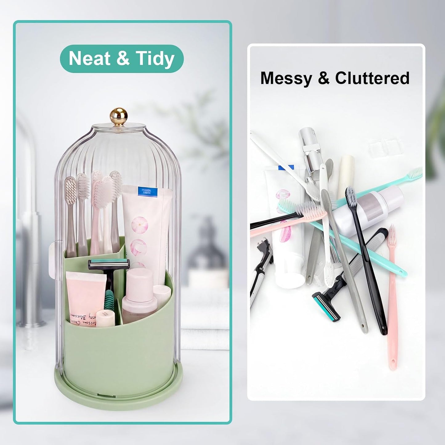 QIYVLOS Toothbrush Holders with Sliding Lid, Rotating 3 Slots Bathroom Organizer Countertop, Tooth Brush Toothpaste Holder Bathroom Counter Stand Sink Organizer Caddy for Vanity Makeup Brushes Holder