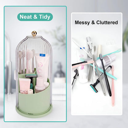 QIYVLOS Toothbrush Holders with Sliding Lid, Rotating 3 Slots Bathroom Organizer Countertop, Tooth Brush Toothpaste Holder Bathroom Counter Stand Sink Organizer Caddy for Vanity Makeup Brushes Holder