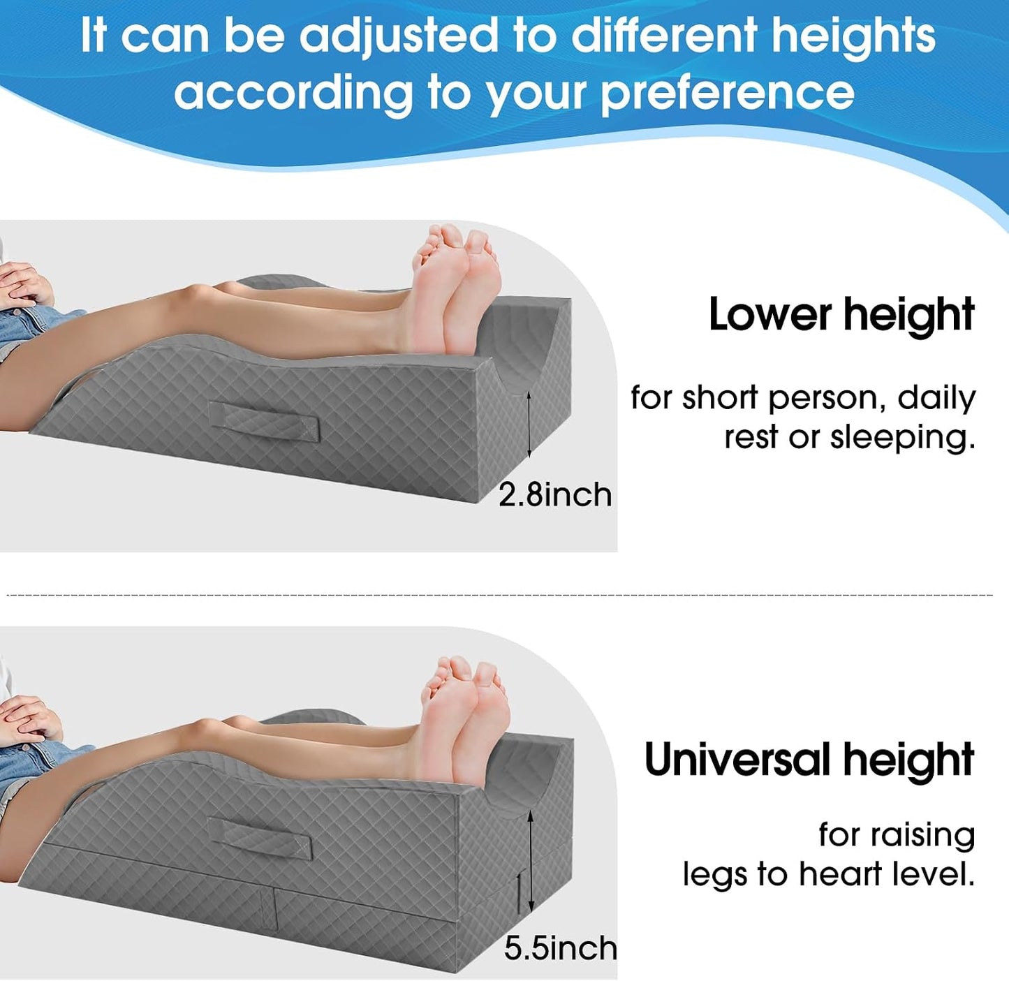 TranquilRelax Leg Elevation Pillows for After Surgery, Wedge Pillow, Grey | Memory Foam, All-around Knee & Ankle Support for Swelling, Height-adjustable, Nop-Slip Bottom, Washable Cover, Single-leg