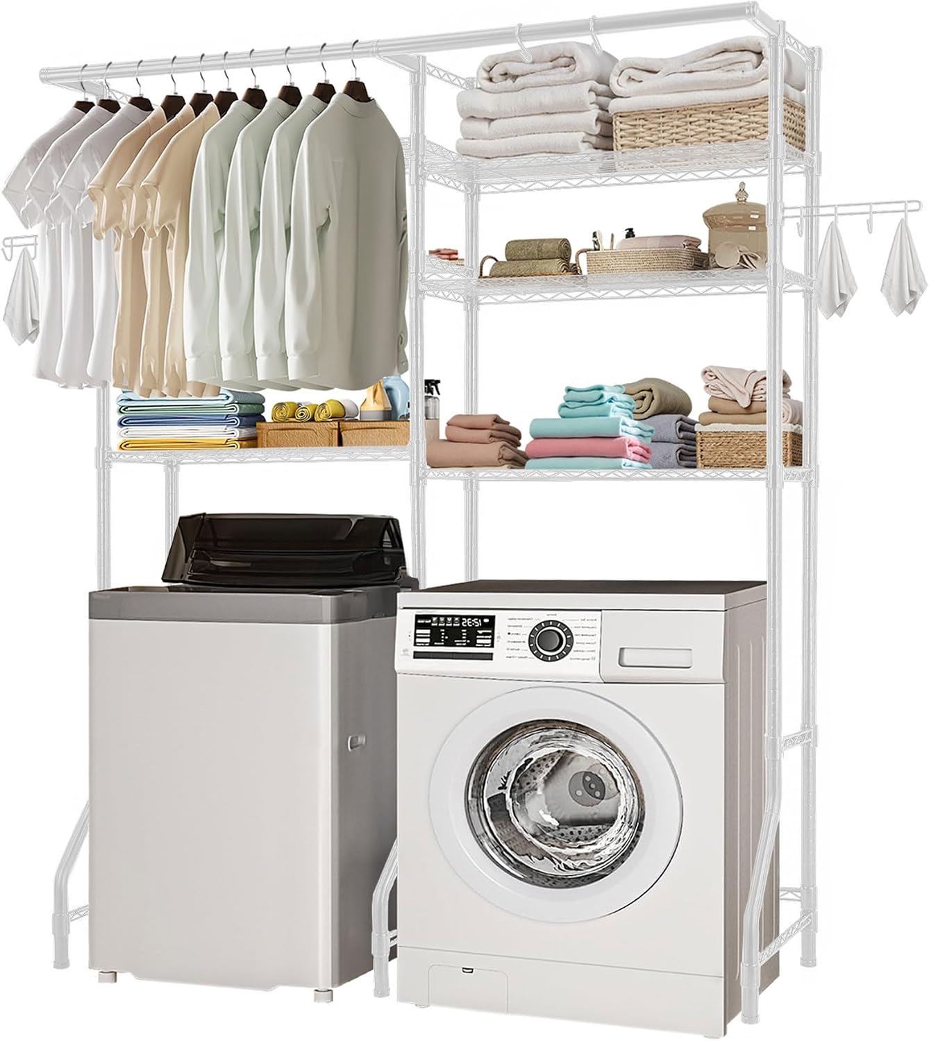 VEVOR Over the Washer and Dryer Storage Shelf, 5 Tier Laundry Room Drying Rack with Hanger Rod and Hooks, Adjustable Over Washer and Dryer Shelves, Laundry Room Shelf Storage Space Saver, White