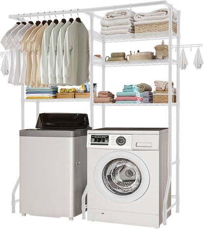 VEVOR Over the Washer and Dryer Storage Shelf, 5 Tier Laundry Room Drying Rack with Hanger Rod and Hooks, Adjustable Over Washer and Dryer Shelves, Laundry Room Shelf Storage Space Saver, White