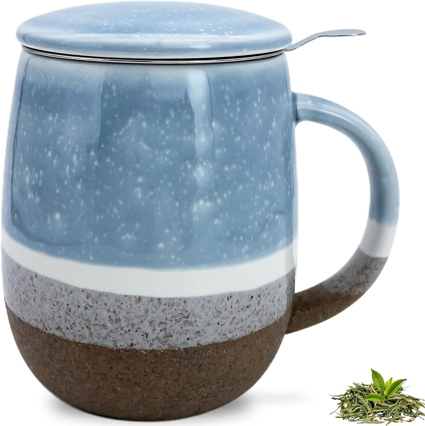 SISETOP 13.5 OZ Large Tea Cup with Infuser and Lid, Reactive Glaze Tea Infuser Mug, Ceramic Loose Leaf Teacup for Brewing, Microwave & Dishwasher Safe, Pale Blue