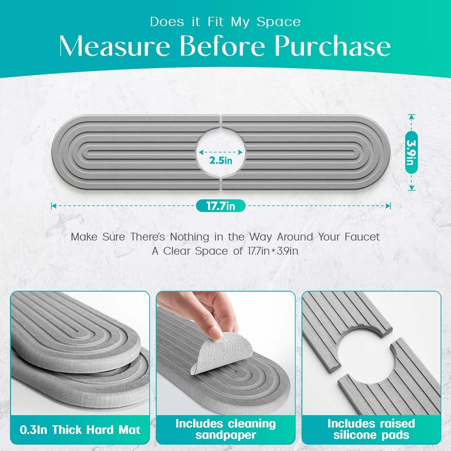 Stone Faucet Mat for Kitchen Sink – Diatomite Fast-Drying Stone Tray, Faucet Mat Sink Splash Guard, Decorative Sink Protector for Kitchen Bathroom Counter (Light Grey, 20''x3.9'')
