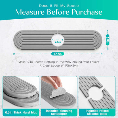 Stone Faucet Mat for Kitchen Sink – Diatomite Fast-Drying Stone Tray, Faucet Mat Sink Splash Guard, Decorative Sink Protector for Kitchen Bathroom Counter (Light Grey, 20''x3.9'')
