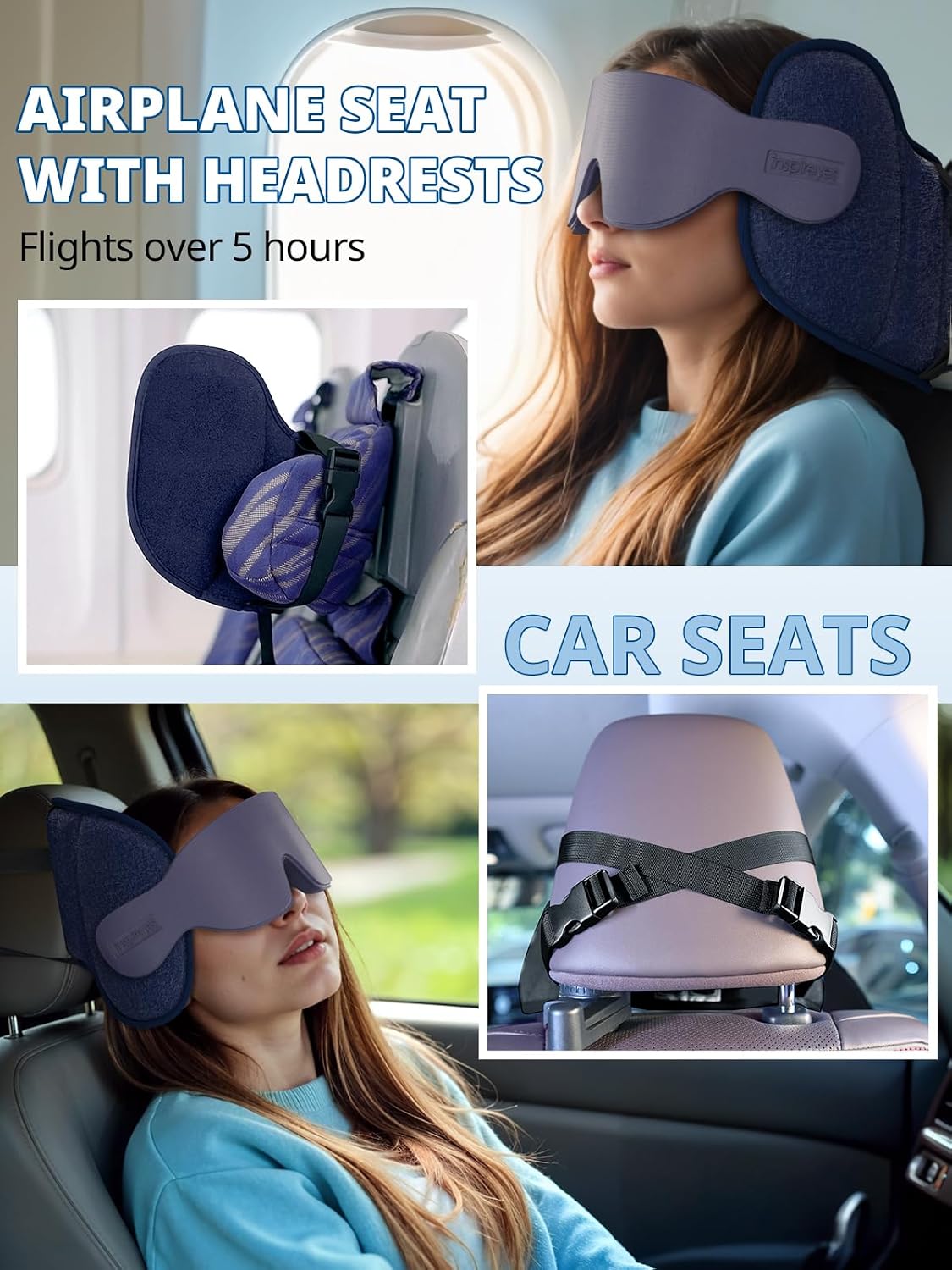 Inspireyes Travel Pillows for Airplanes, 360° Head Support for Long Flight, Soft Airplane Pillow with 3D Eye Mask for Sleeping, Stop Bobblehead, Airplane Headrest Gadgets, Light Black