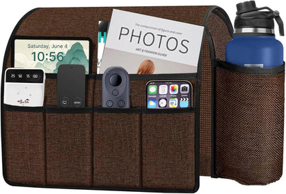 Ntomtuex Sofa Armchair Caddy Remote Control Holder with Water Bottle for Couch Recliner, Armrest Organizer with 7-Pocket Design for Magazines, Eyeglasses, iPad, Phone, Dark Grey