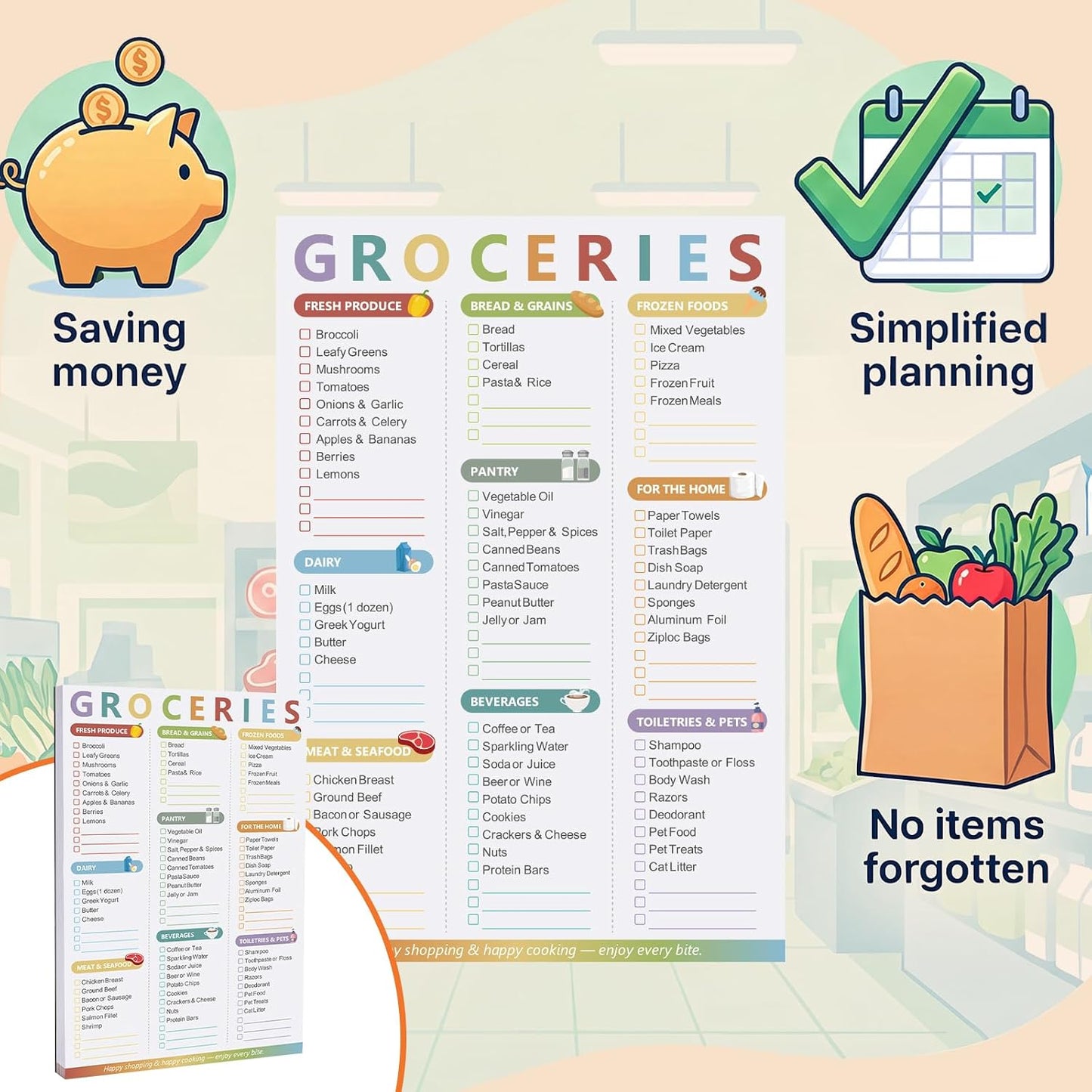 Thboxes 60 Sheets Magnetic Weekly Meal Planner for Fridge, Grocery List Pad | Tear-Off Shopping List, 7x10 In, Flower Design, Full Backing Grip, for Meal Prep, Kitchen, Families, Parents, Home Office