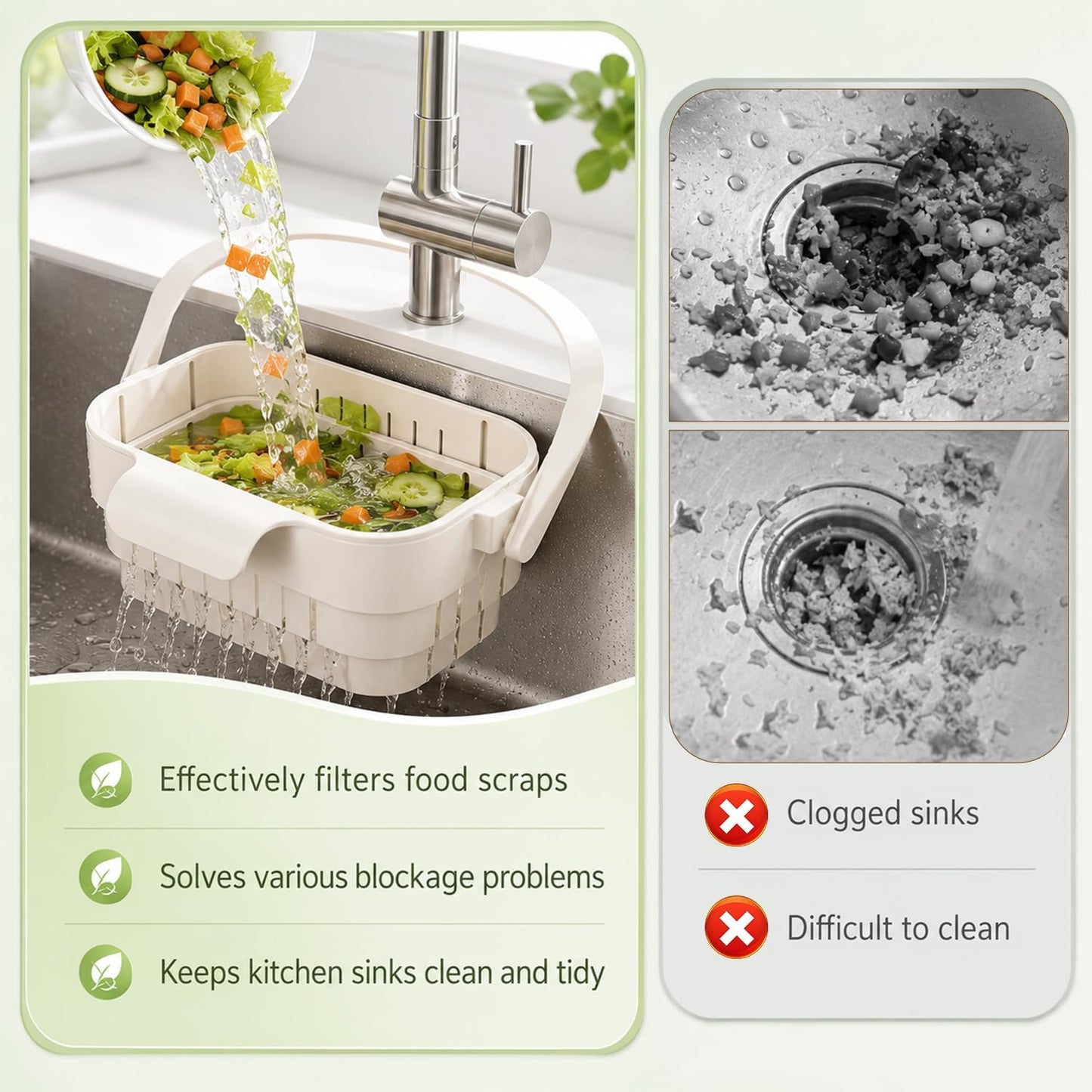 Foldable Hanging Sink Drain Basket, 2026 Upgraded Foldable Kitchen Sink Strainer, Hanging Foldable Fruit and Vegetable Filter Basket, Suitable for Kitchen Sinks, Easy to Store, Space-Saving (green)