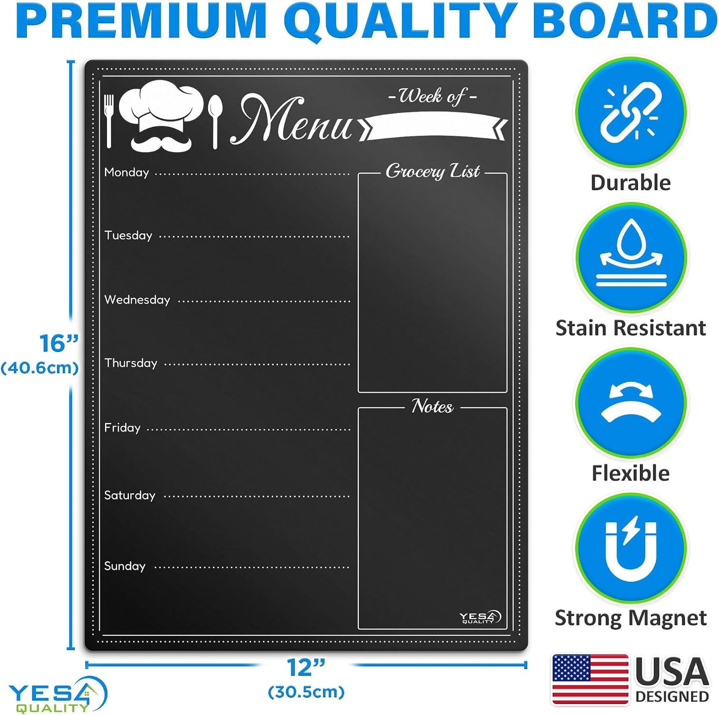 Magnetic Dry Erase Menu Board for Fridge (16x12) - Weekly Meal Planner Blackboard w/ 4 Magnetic Chalk Markers & Wiping Cloth - Chalkboard Organizer for Dinner Menus & Grocery Lists by Yes4Quality