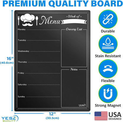 Magnetic Dry Erase Menu Board for Fridge (16x12) - Weekly Meal Planner Blackboard w/ 4 Magnetic Chalk Markers & Wiping Cloth - Chalkboard Organizer for Dinner Menus & Grocery Lists by Yes4Quality