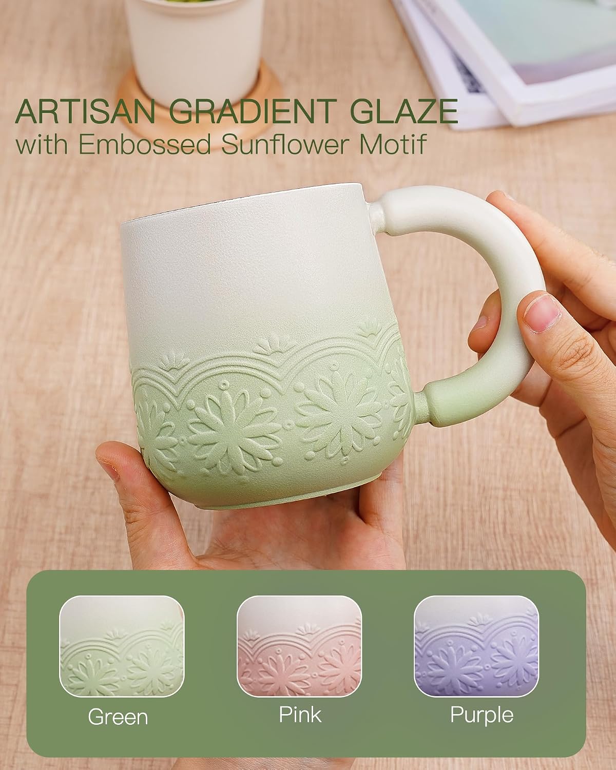 ZENS Tea Mug with Infuser and Lid for Loose Tea Diffusers, 12oz Purple | Embossed Ceramic Tea Cup with Infuser for Herbal Tea Steeper, Tea Lovers Gifts, Japandi Style Sunflower