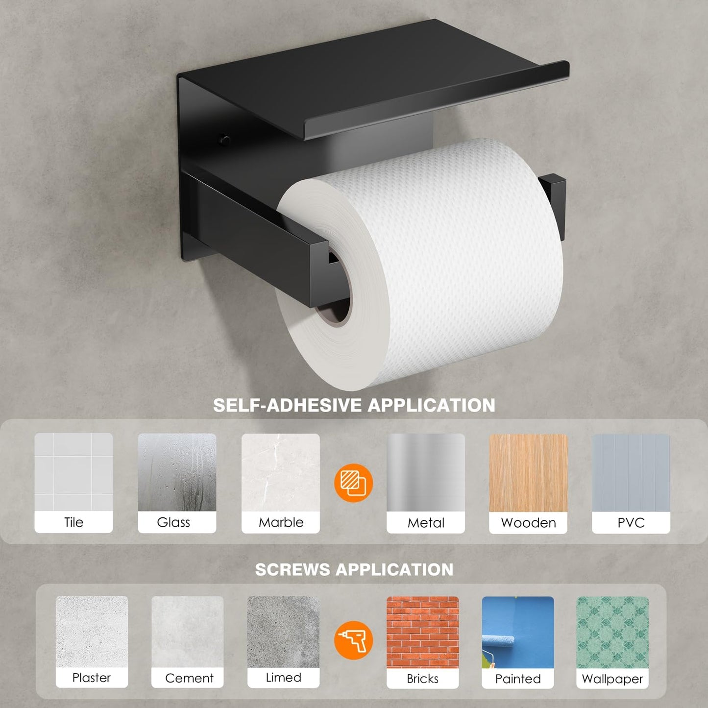 Auxmir Toilet Paper Holder with Shelf, Self Adhesive or Screw Mount, Black | Rustproof SUS304 Stainless Steel with Phone Shelf, Square Anti-Slip Bar, Fits Mega Rolls, Adhesive or Screw Installation
