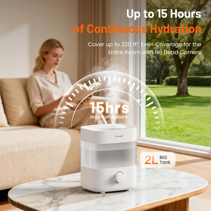 Humidifiers for Bedroom, 2L Top Fill Cool Mist Humidifier, 20dB Quiet ﻿ | 2L top-fill tank, dual 360° nozzles, 20dB quiet operation, stepless mist control, 7-color light, and low-water auto shut-off