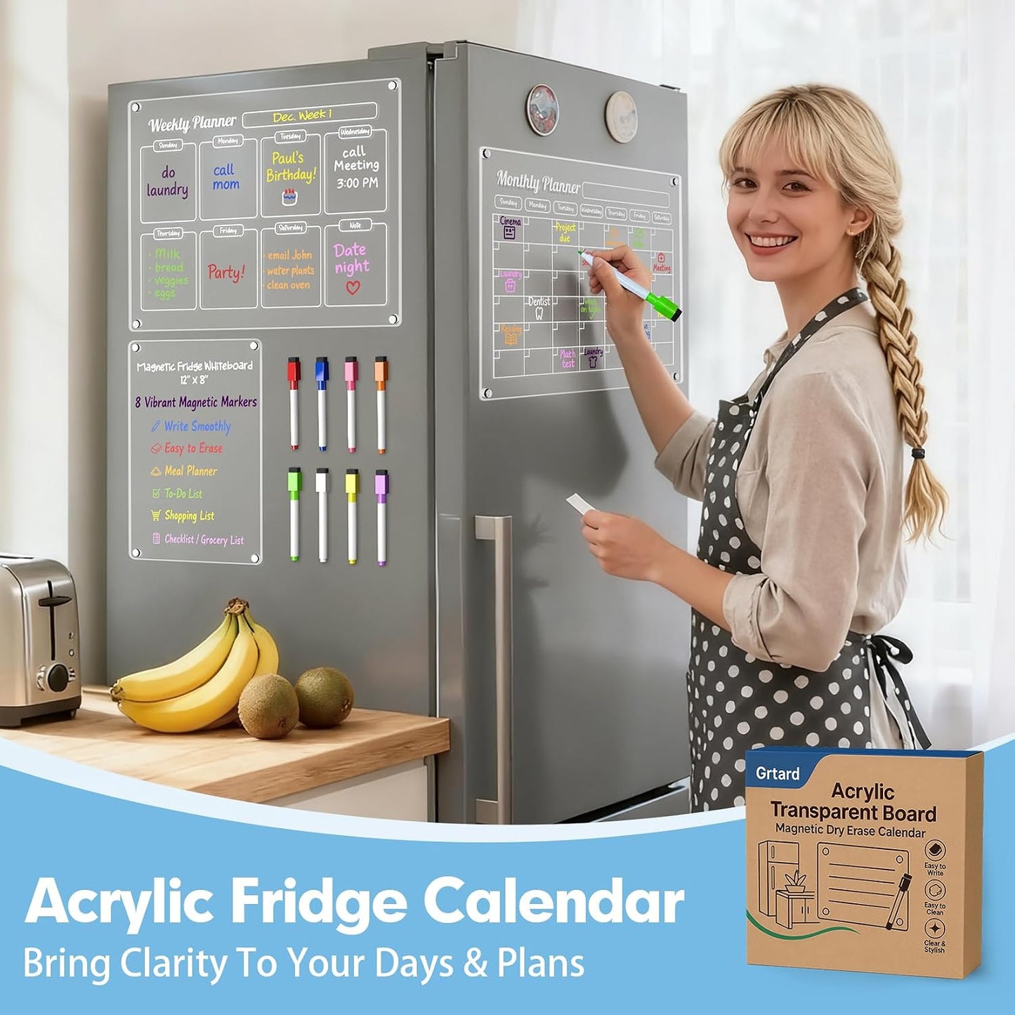 3 Pack Acrylic Calendar for Fridge, Magnetic Calendar for Refrigerator, 16"x12" Dry Erase Whiteboard Fridge Calendar,2026 Clear Monthly Weekly Daily Memo Planning Board with 8 Markers