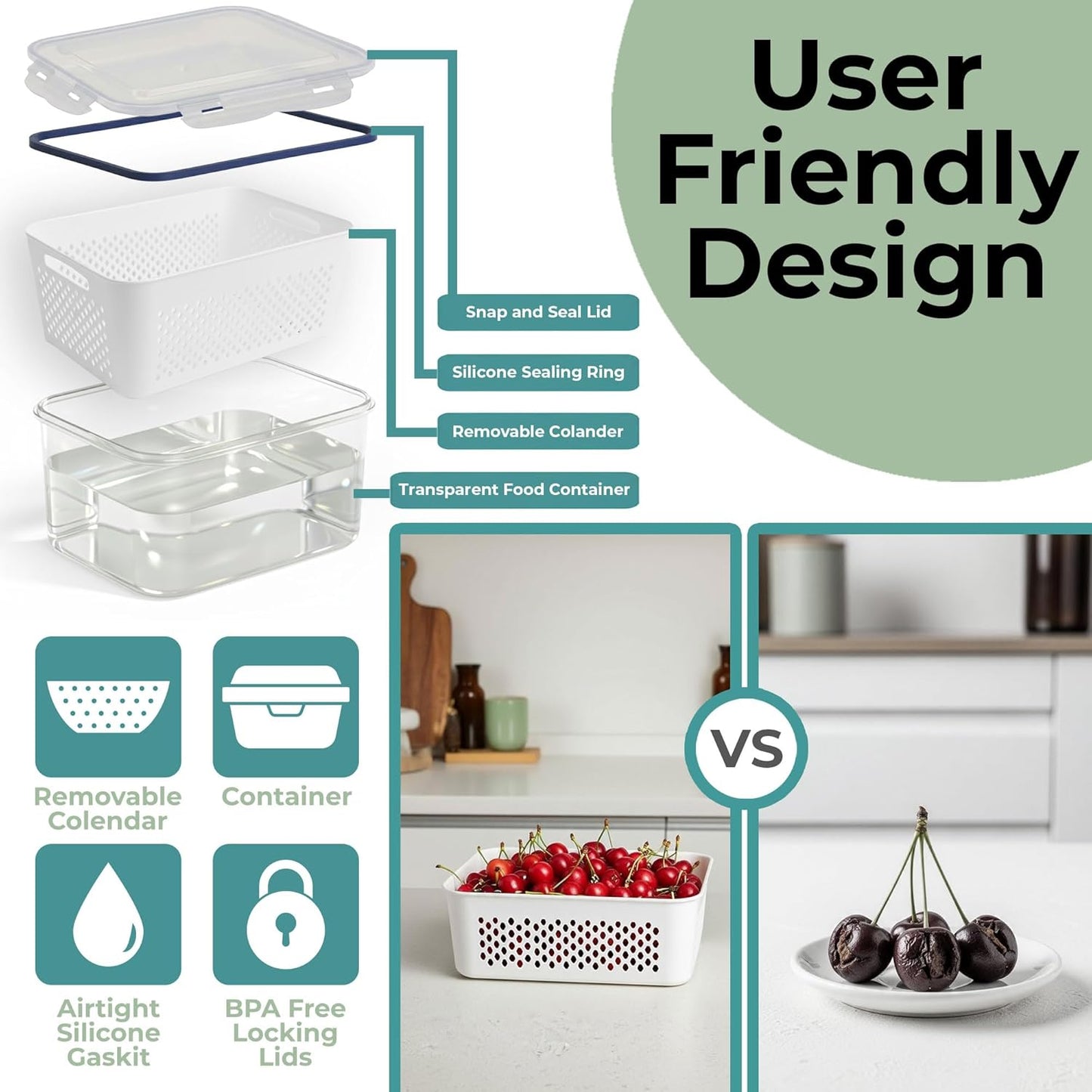 5 Pack Large Fruit Storage Containers for Fridge with Removable Colander | Plastic Food Storage Containers with Lids Airtight-Leak Proof Refrigerator Organizers and Storage of Vegetable