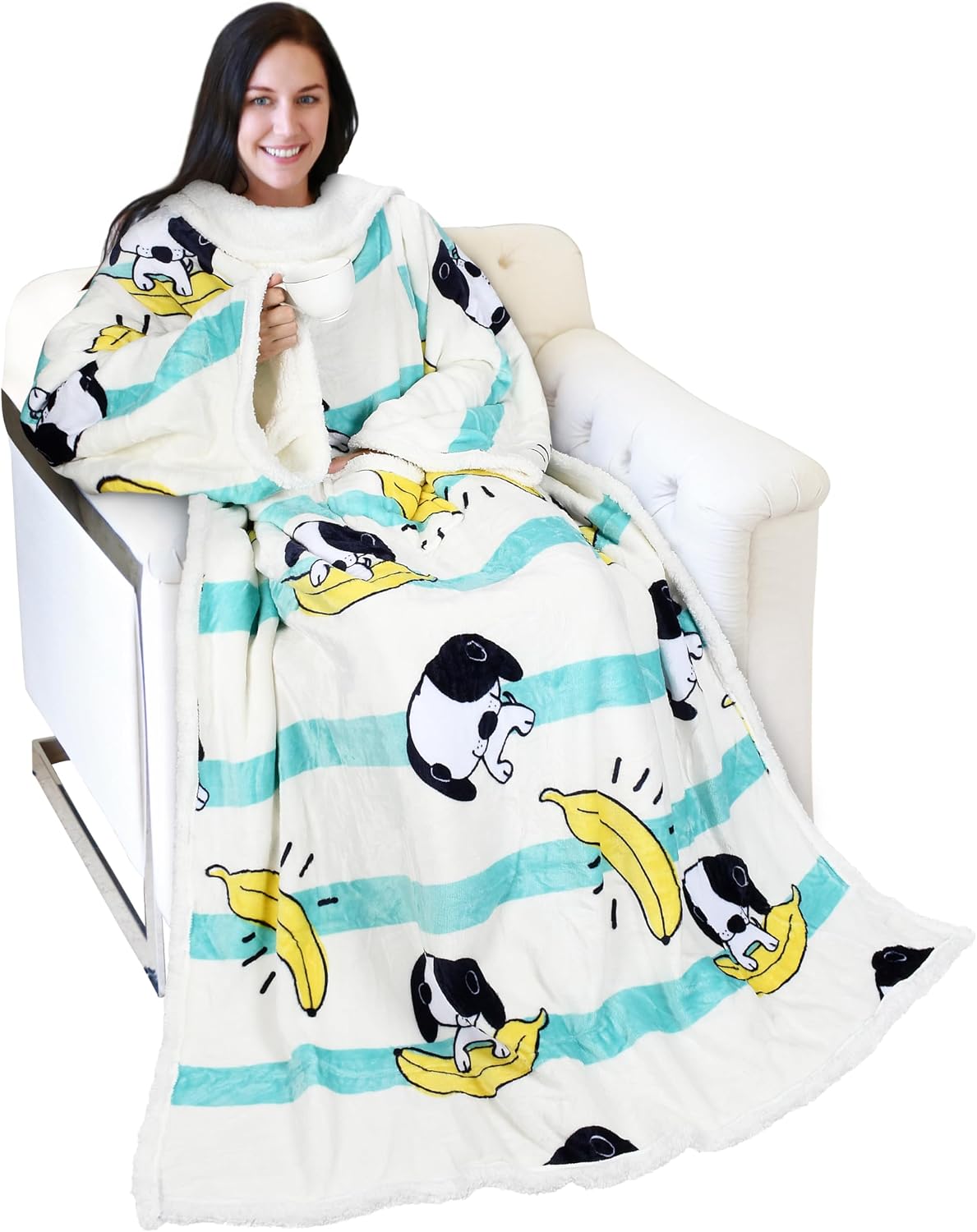 Catalonia Sherpa Wearable Blanket with Sleeves and Pocket for Adults
