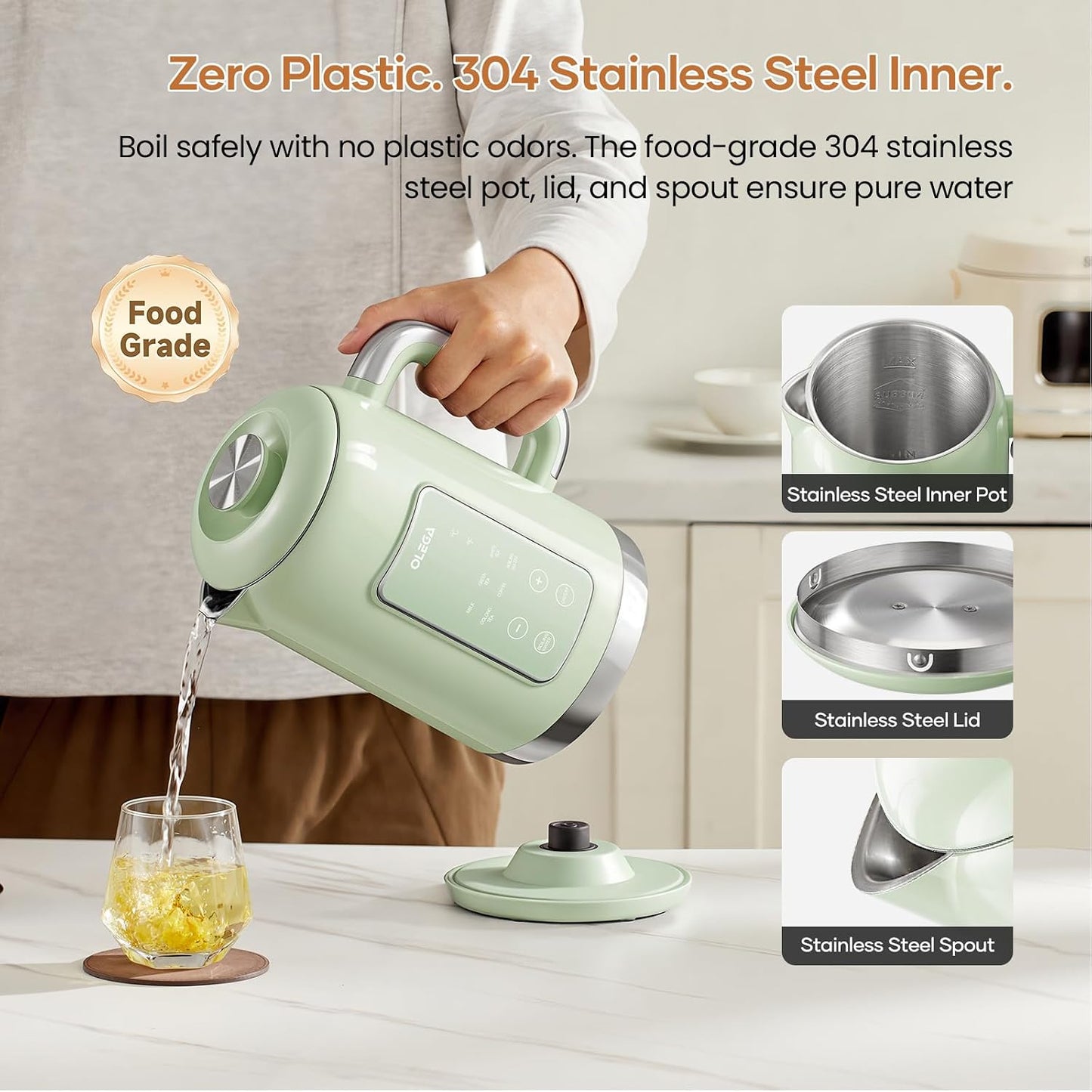 Electric Kettle Temperature Control: OLEGA 1.5L Smart Kettle 1200W | Stainless Steel Hot Water Boiler, 6 Temp Presets, Fast Boiling Electric Tea & Coffee Kettle