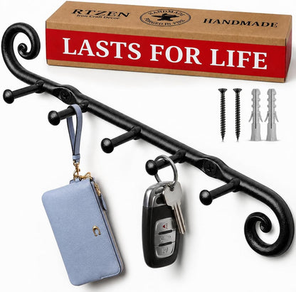 Farmhouse Small Key Holder for Wall, Wrought Iron Wall Mount Rack | Handcrafted Swirl Decorative, 5 Key Hooks for Home Entryway, Purse, Coat and Leash Holder or Organizer (Classic Black)