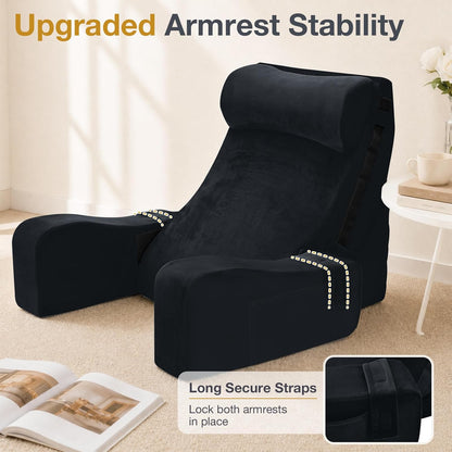 Sasttie 15-25 inch Adjustable Reading Pillow with Armrests, Dark Grey | Back Rest Pillow with Secure Side Straps, Memory Foam Back Support Cushion Bed Chair for Reading, Gaming & Relaxing