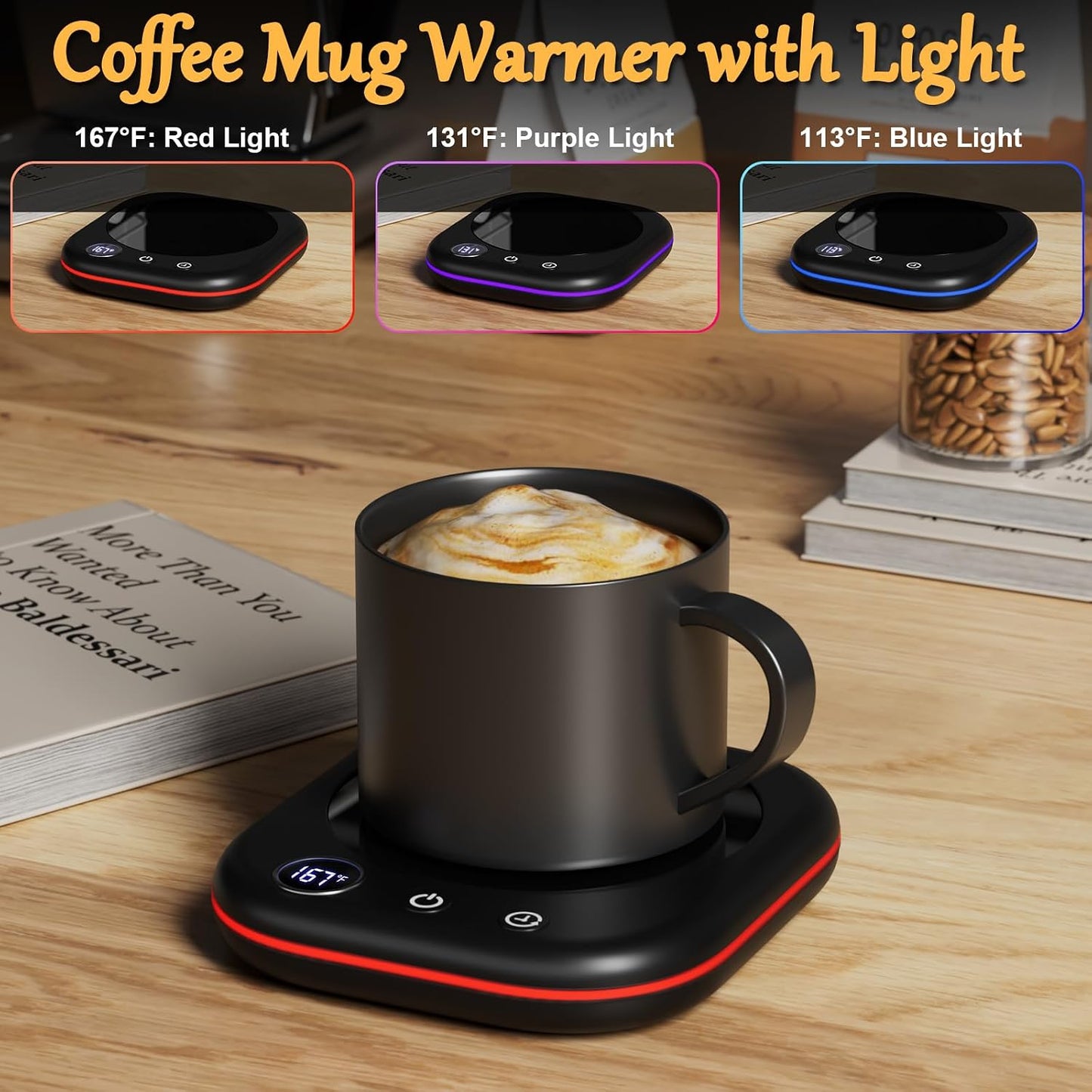 Mug Warmer Upgraded,Coffee Mug Warmer for Desk LEDs Light 3 Temp Settings (113-167°F) 1-12H Timer 4 H Auto Shut Off Beverage Cup Candle Warmer for Coffee Tea Milk(Wood Grain)