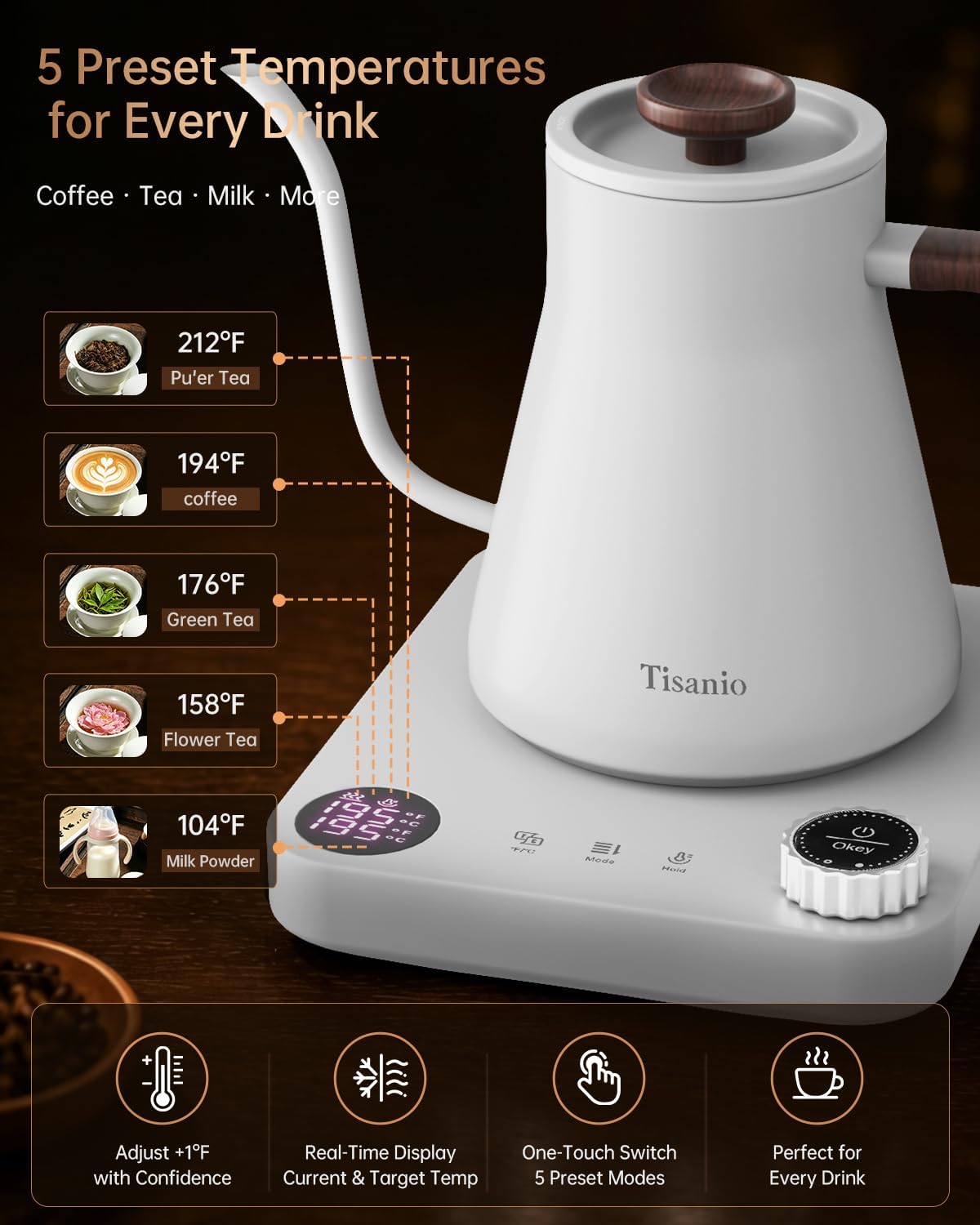 Gooseneck Electric Kettle with Temperature Control, 0.9L, Black | ±1°F Precision Pour Over Kettle, LCD Dual Display, Smart Two-Stage Heating, 2H Keep Warm, 304 Stainless Steel Interior